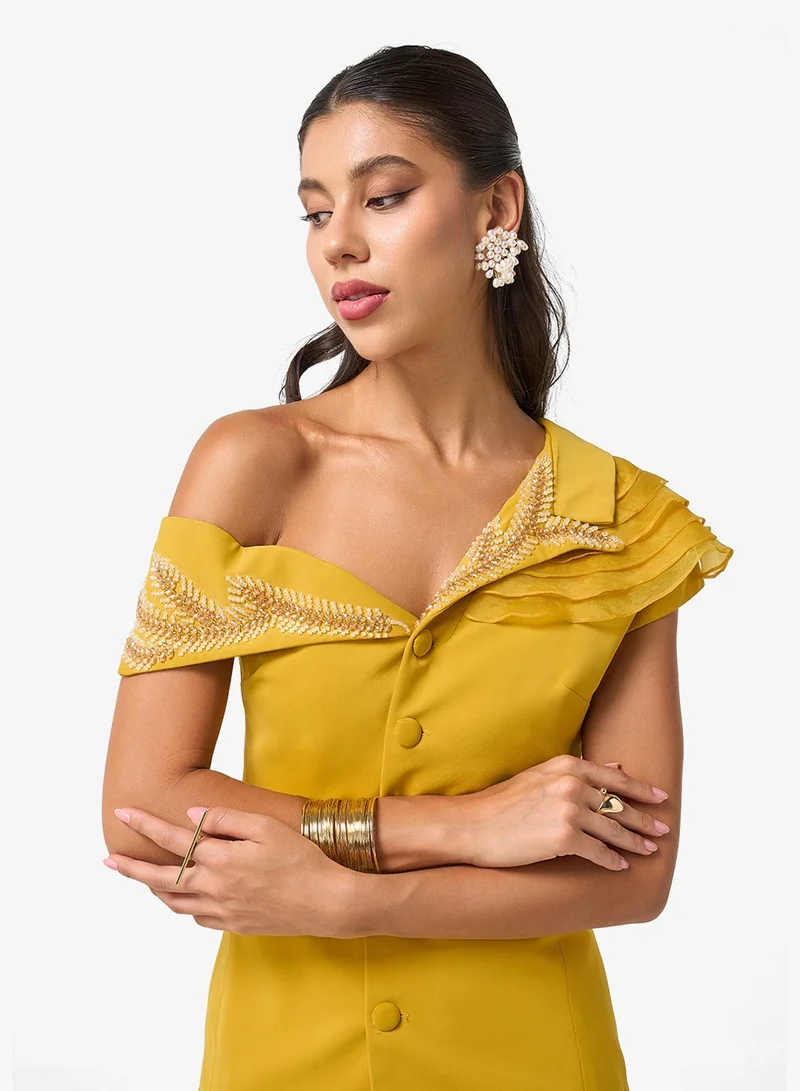 Threadz by Ajooni  Pleated Skirt Front Button Detailing One Shoulder Maxi Dress for Women | Best Price UAE